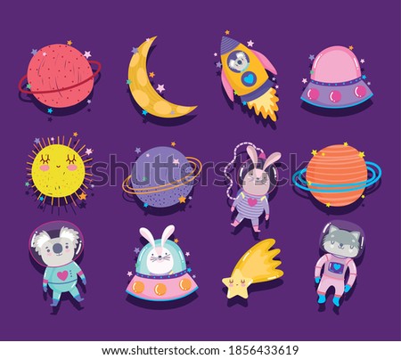 space adventure galaxy cartoon in style icons such as rocket animals star moon and sun vector illustration