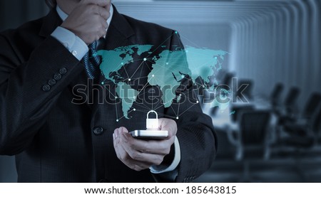 businessman hand show 3d mobile phone with padlock as Internet security online business concept 
