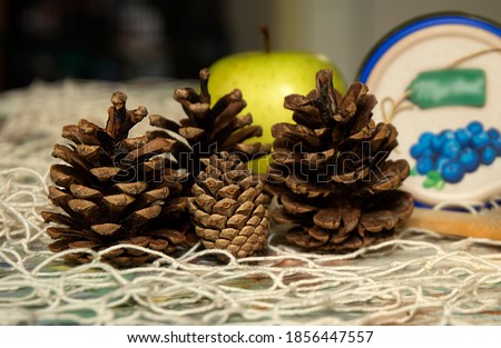 Still Life Photography of Piece of Cake, Apple, Pine Cones and Jar of Blueberry Jam. Focus over Pine Cones and Cake.