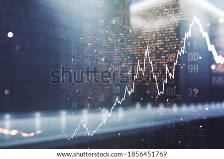 Double exposure of abstract creative financial chart hologram and world map on modern business center exterior background, research and strategy concept Royalty-Free Stock Photo #1856451769