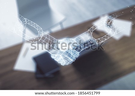 Creative abstract block chain technology hologram with handshake and modern desktop with pc on background, cryptography and decentralization concept. Multi exposure