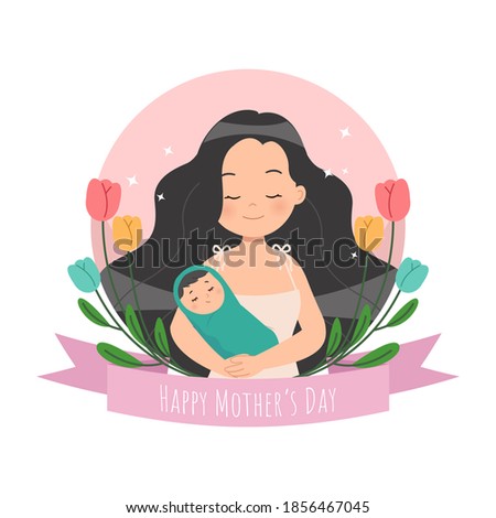 Happy Mother's day celebration. Mom holding her baby. Flat vector illustration.
