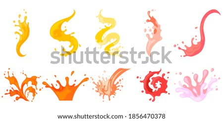 Colourful row with spiral, pouring, falling, flowing spattering splash and squirt. Splattered pure juice, lemonade, cocktail shake or jam vector illustration isolated set on white background Royalty-Free Stock Photo #1856470378