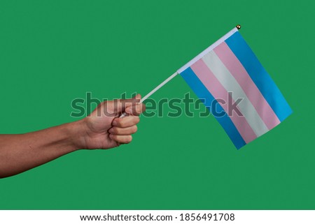 closeup of a young caucasian person waving a transgender pride flag on a green background Royalty-Free Stock Photo #1856491708