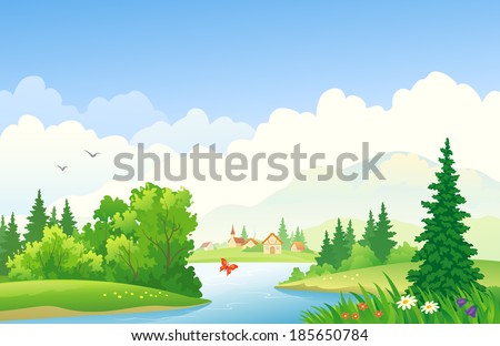 Vector  illustration of a beautiful summer river landscape with a mountain village