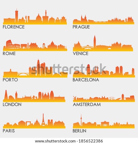 European Touristic Skyline City Silhouette Design Collection. Vector Illustration Set Clip Art.