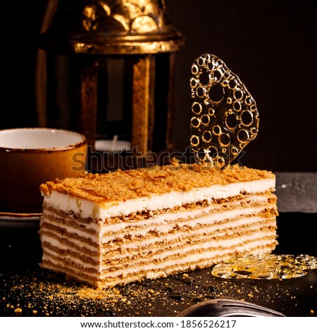Cake with honey on plate. Luxury restaurant dessert