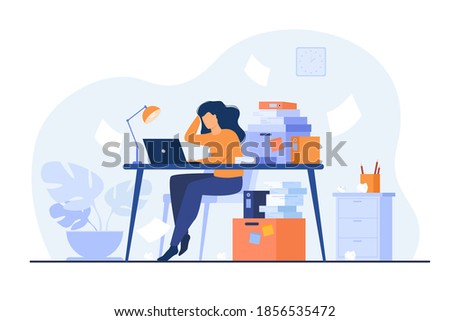 Tired overworked secretary or accountant working at laptop near pile of folders and throwing papers. Vector illustration for stress at work, workaholic, busy office employee concept Royalty-Free Stock Photo #1856535472
