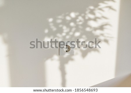 Architectural background design interior renovation. Pastel yellow wall in sunlight with electrical outlet and tree shadow