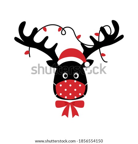 Reindeer wearing red medical face mask and Santa hat in flat design. Merry Christmas festival celebration in Covid-19 Coronavirus outbreak concept vector illustration.
