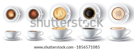 Coffee cup. Realistic hot ristretto, espresso, foam americano, latte and cappuccino with cream in cups. Mug front and top view 3d vector set. Illustration aroma liquid in cup, container realistic Royalty-Free Stock Photo #1856571085