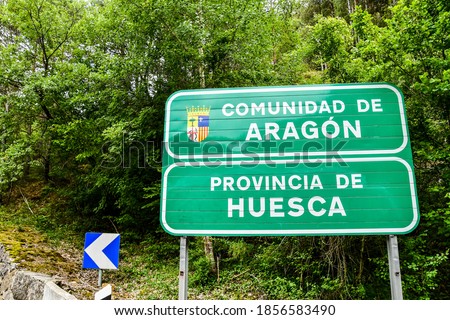 Spanish road border sign between Catalunya Lleida and Huesca Aragon in spain