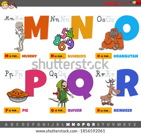 Cartoon illustration of capital letters from alphabet educational set for reading and writing practise for children from M to R