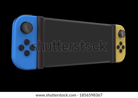 Realistic video game controllers attached to mobile phone isolated on black with clipping path. 3D rendering of blue and yellow gamepad for online gaming