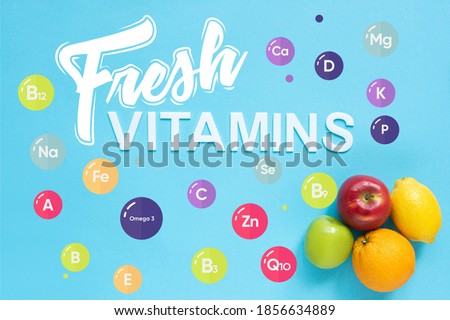 top view of ripe fruits and fresh vitamins illustration on blue background