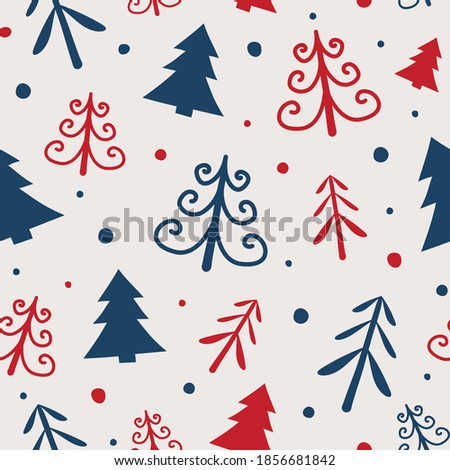Christmas seamless pattern with hand drawn trees. Wrapping paper. Vector