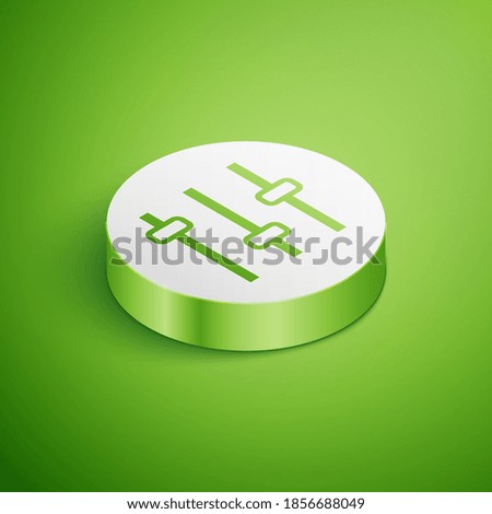 Isometric Music equalizer icon isolated on green background. Sound wave. Audio digital equalizer technology, console panel, pulse musical. White circle button. Vector.