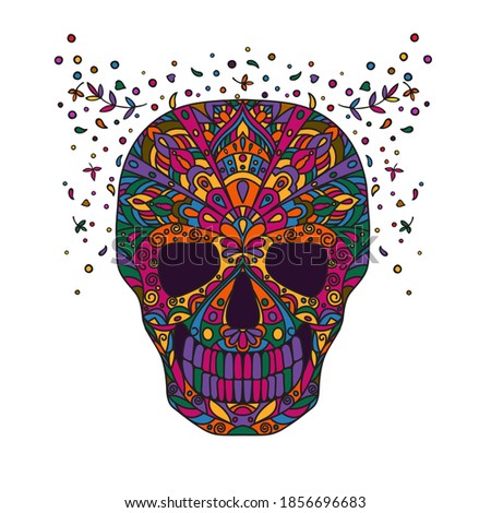 Skull. Bright vector illustration in doodling style isolated on white background.