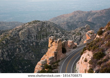 Drive up Catalina Highway on Mount Lemmon into the Coronado National Forest and Santa Catalina Mountain Range is scenic with beautiful vistas. Royalty-Free Stock Photo #1856708875