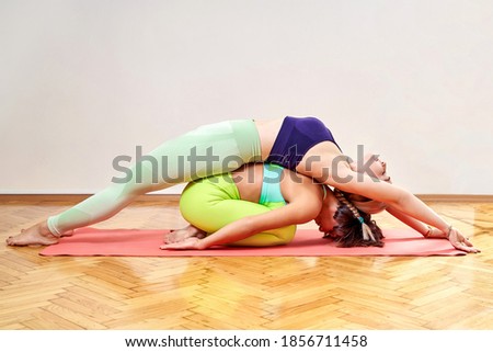 Two female friends are doing yoga together. Two women doing sports together, posing on a yoga mat