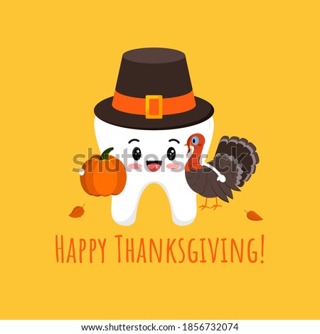 Thanksgiving tooth in pilgrim hat with pumpkin and turkey isolated vector icon. White tooth in carnival costume - dental character for dentist card. Flat design cartoon kawaii style illustration.  