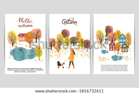 Autumn landscape. Watercolor autumn trees and houses. Set of cards, posters