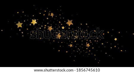 Star of confetti. Falling starry background. Random stars shine on a black background. The dark sky with shining stars. Flying confetti. Suitable for your design, cards, invitations, gifts. 