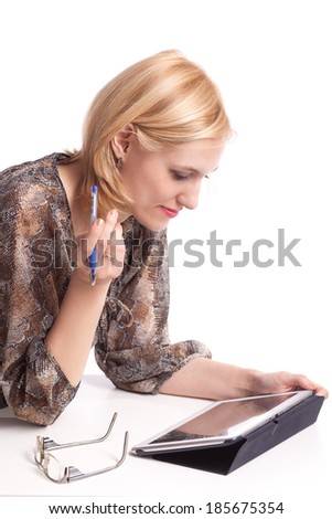 Young woman with tablet computer. Isolated on white background.