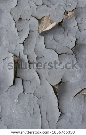 Peeling paint on the wall. Old concrete wall with cracked flaking paint. Weathered rough painted surface with patterns of cracks and peeling. Grunge texture for background and design. High resolution. Royalty-Free Stock Photo #1856765350