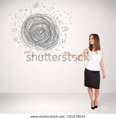 Young business woman with media doodle scribble concept