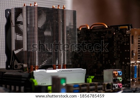 Computer electronic circuit board motherboard technology. Internal parts of the computer. Home farm for mining cryptocurrency.