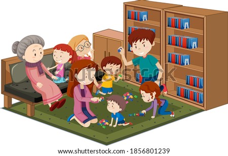Granny with grandchildren in the library isolated on white background illustration