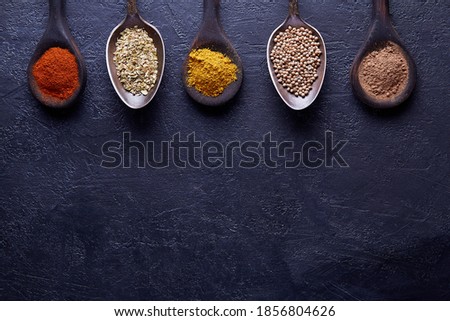 Spices and herbs for cooking meat on dark background