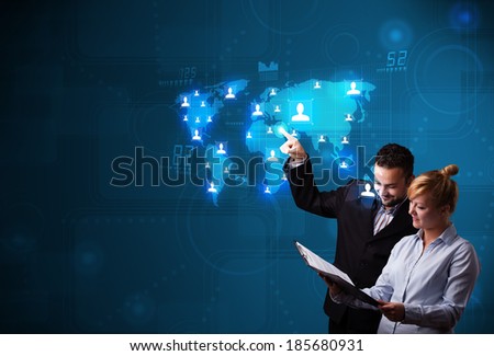 Happy young couple choosing from social network map