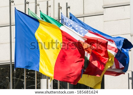 Flags Of Romania, Italy And United States Of America At International Summit In Bucharest