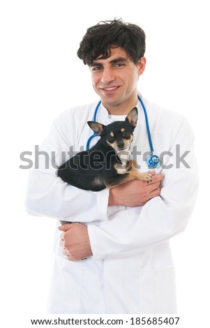 Handsome veterinarian with dog isolated over white background