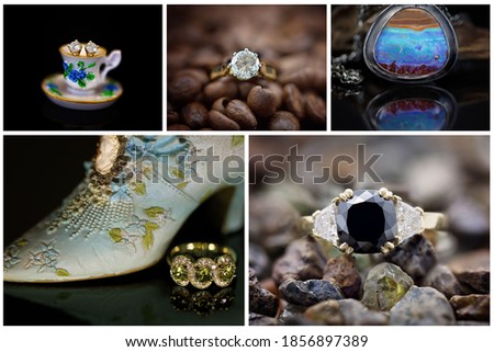 Collage of jewelry including diamond earrings, one carat diamond ring, opal pendant, green sapphire ring and a black diamond ring