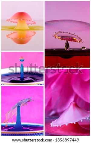 Collage of water drop splashes forming shapes including umbrellas and bubbles - Liquid Drop Art