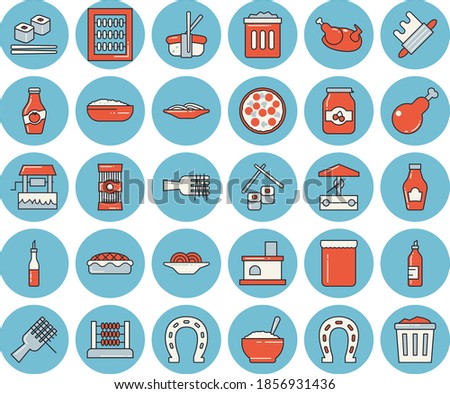 Thin line blue tinted icon set - rolling pin flat vector, spaghetti, ketchup, sauce, on a fork, pizza, porridge, pie, chicken, fish rolls, sashimi, jam, mustard, well, horseshoe, fireplace, abacus
