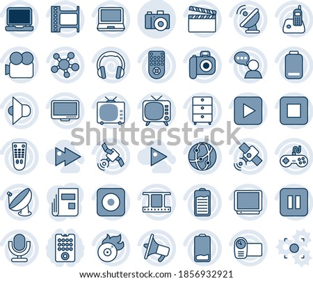 Blue tint and shade editable vector line icon set - camera vector, satellite antenna, clapboard, film frame, archive chest, flame disk, speaker, loudspeaker, tv, gamepad, video, microphone, network