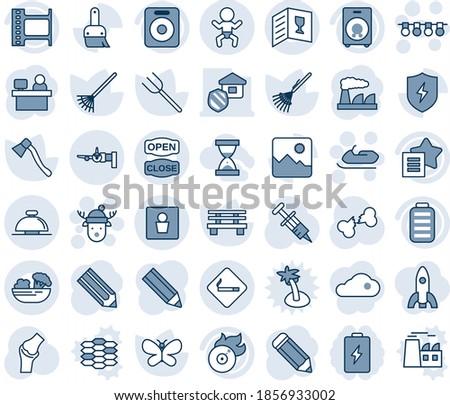 Blue tint and shade editable vector line icon set - smoking place vector, reception bell, baby, boarding, male wc, garland, snowmobile, christmas deer hat, manager, factory, pencil, farm fork, rake