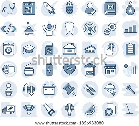 Blue tint and shade editable vector line icon set - stamp vector, washer, duty free, christmas ball, graduate, saw, heart pulse, stethoscope, pills bottle, tooth, antenna, video camera, touch screen