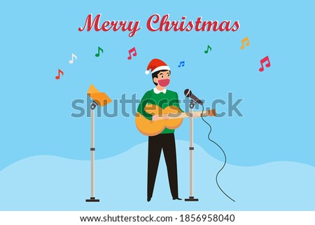 Christmas vector concept: Man singing christmas carol while wearing face mask and playing guitar