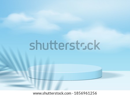 Cylinder abstract 3d scene with leaf sky podium platform. Background sky vector 3d rendering with podium. stand to show cosmetic product in studio. Stage showcase on pedestal 3d studio blue sky podium