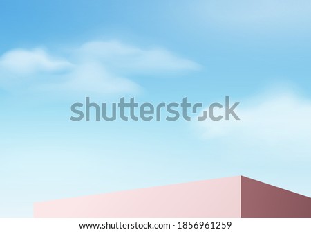 Podium abstract minimal scene with geometric platform. Summer cloud background vector 3d rendering with podium. stand to show cosmetic products. Stage Showcase on pedestal modern 3d studio blue sky