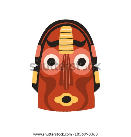 Funny ethnic indian tribal mask with round eyes and open mouth. Dreaded ancient ritual symbol or souvenir. Drawn flat vector illustration isolated on white background. Clip art element for design