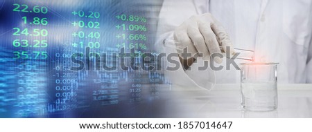 scientist in laboratory coat poring water from test tube into beaker white health science and stock market business information banner background  