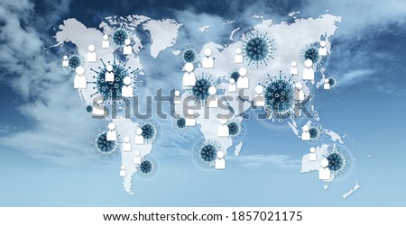 Contact Tracing COVID-19 Corona Virus Tracking App and spread concept,world geographic map with people symbols and molecule icons on blue sky background Royalty-Free Stock Photo #1857021175