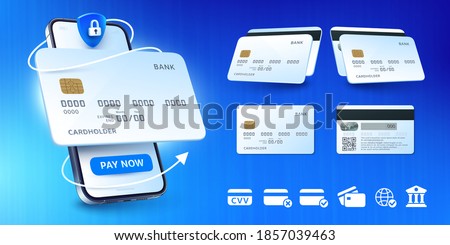 Secure mobile banking. Buy by card, online payment app for smartphone and bank cards mockup vector illustration set Royalty-Free Stock Photo #1857039463