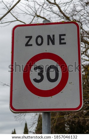 French traffic sign, speed limit 30 km/hour, Carcassonne, France.